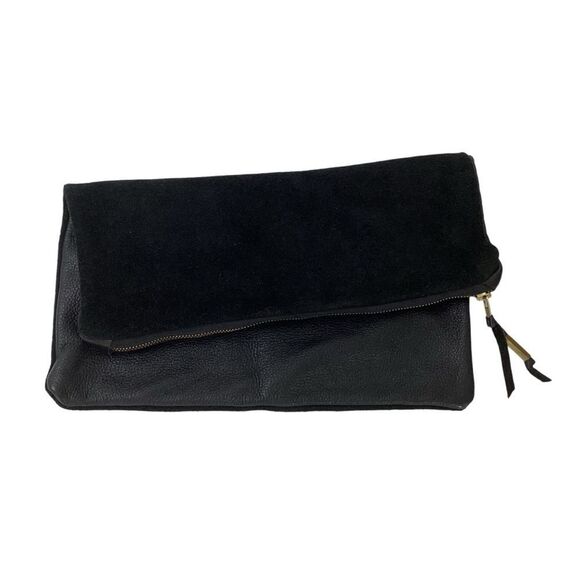 Leather Suede Black Clutch Fold Over Pouch Zip Closure Patchwork Minimal Purse - Picture 1 of 7